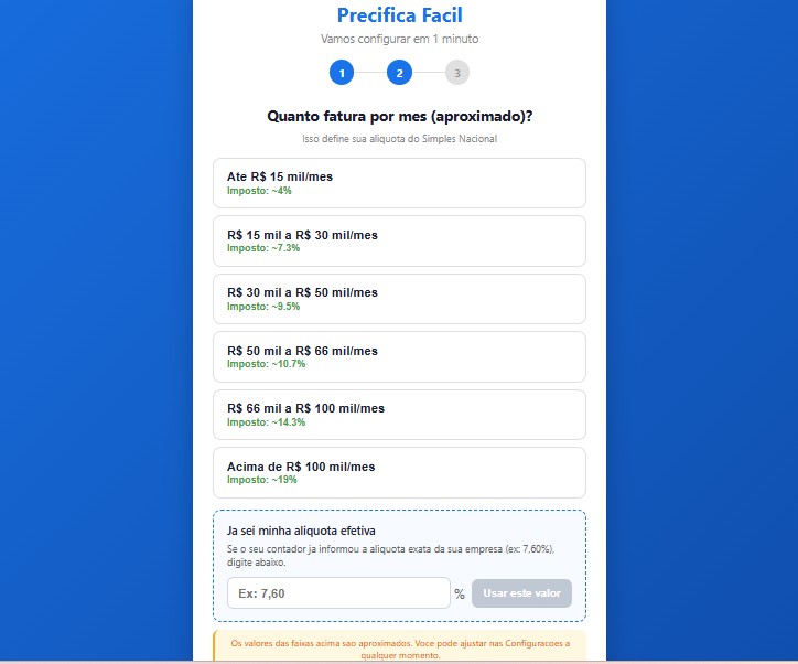 Tela 2: faixa de faturamento